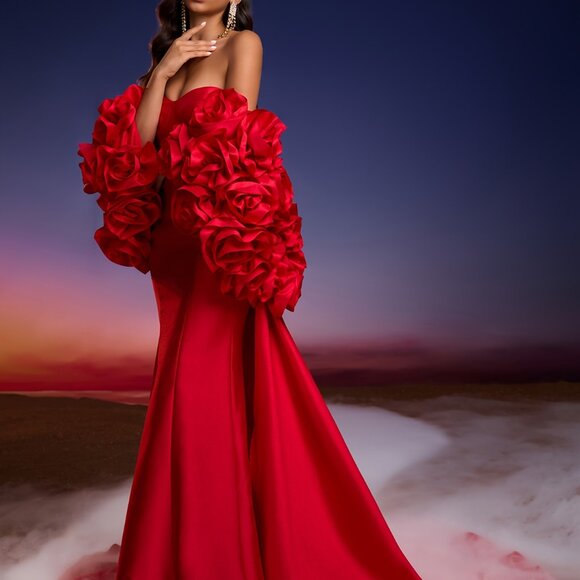 Red Wedding Dress with Train - A-Line Mermaid/fit-and-flare Evening Gown XS-XL - Picture 8 of 10